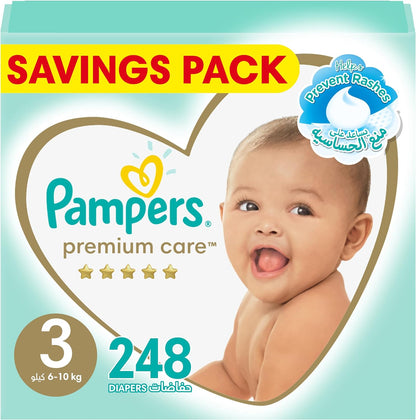 Pampers Premium Care Taped Baby Diapers, Size 3, 6-10 kg, Unique Softest Absorption for Ultimate Skin Protection, 248 Count