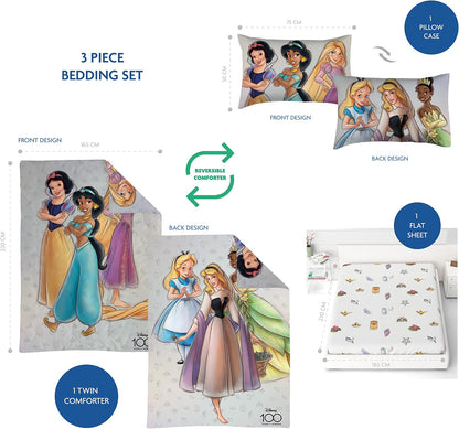 Trucare FZC Disney Princess 3 Pcs Kids Bedding Set - Super Soft & Fade Resistant - Includes Reversible Comforter, Pillow Sheet, Bed Sheet, & Cushion - Celebrate Disney 100th Anniversary in Style