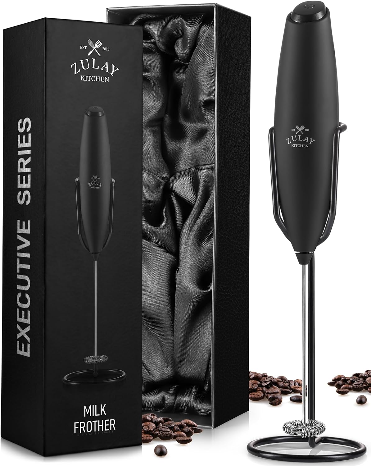 Zulay Executive Series Ultra Premium Gift Milk Frother For Coffee with Deluxe, Radiant Finish - Coffee Frother Handheld Foam Maker - Electric Milk Frother Handheld For Lattes (Black with Sleek Stand)