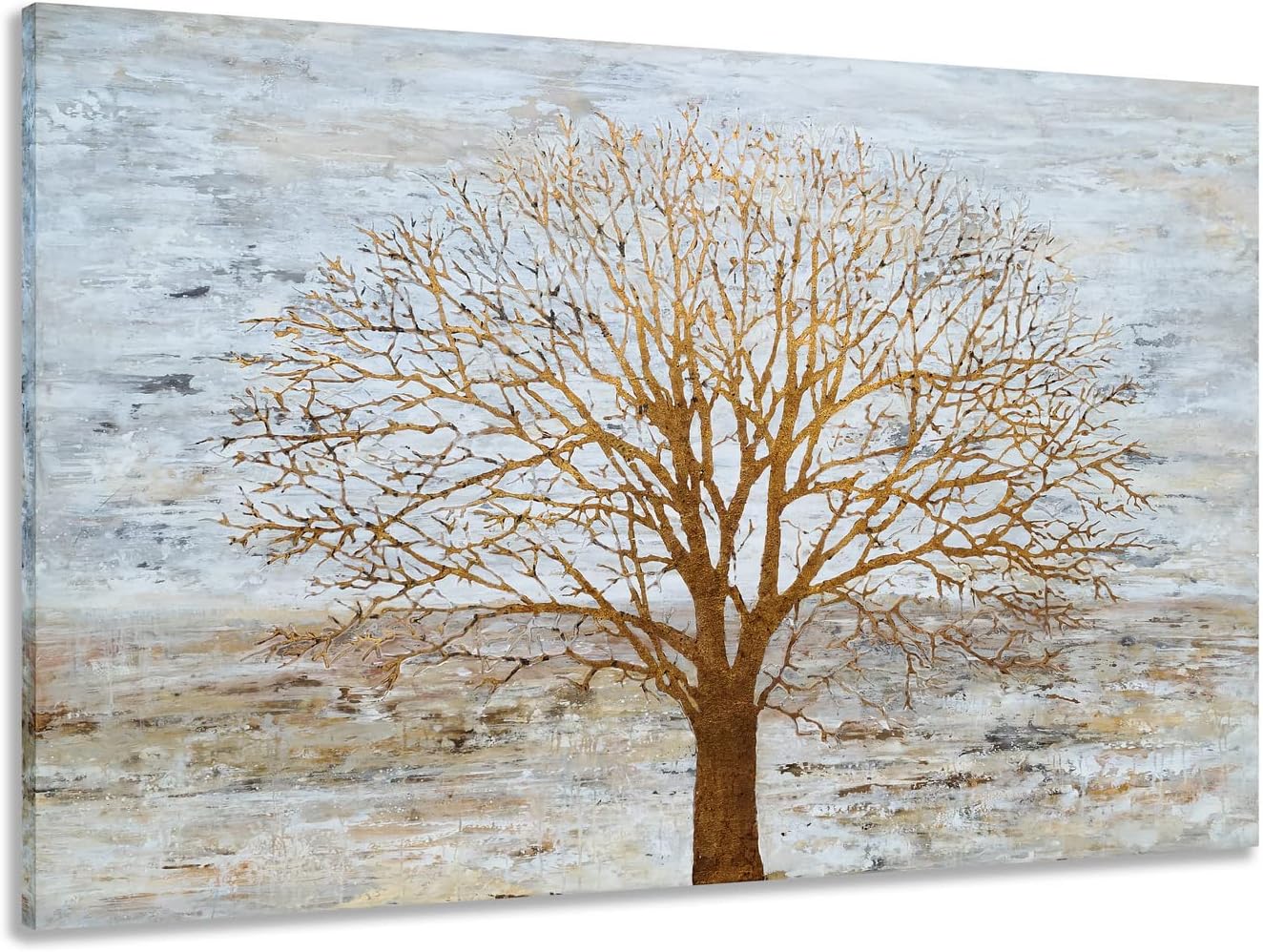 Yihui Arts Abstract Landscape Canvas Art Hand Painted 3D Tree Paintings with Gold Foil for Wall Decor Modern Artwork Pictures Living Room Bedroom Decoration