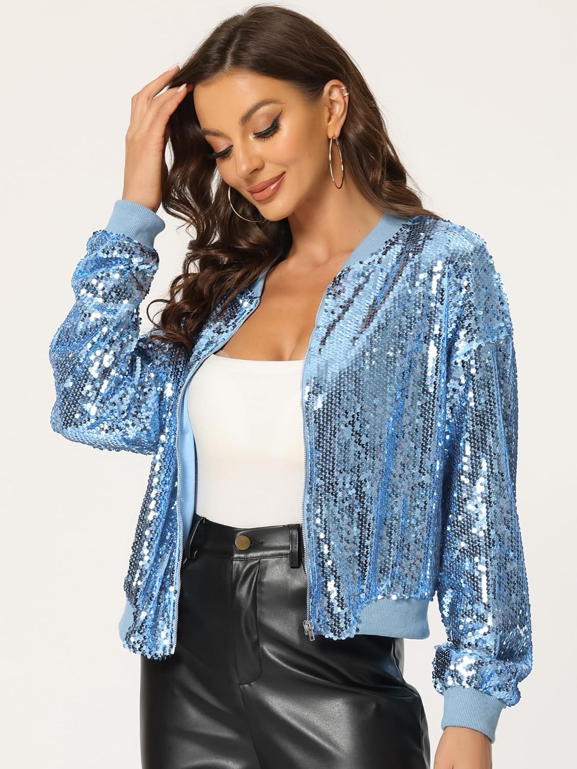 Allegra K Women's Halloween Sequin Sparkle Long Sleeve Zipper Bomber Jacket