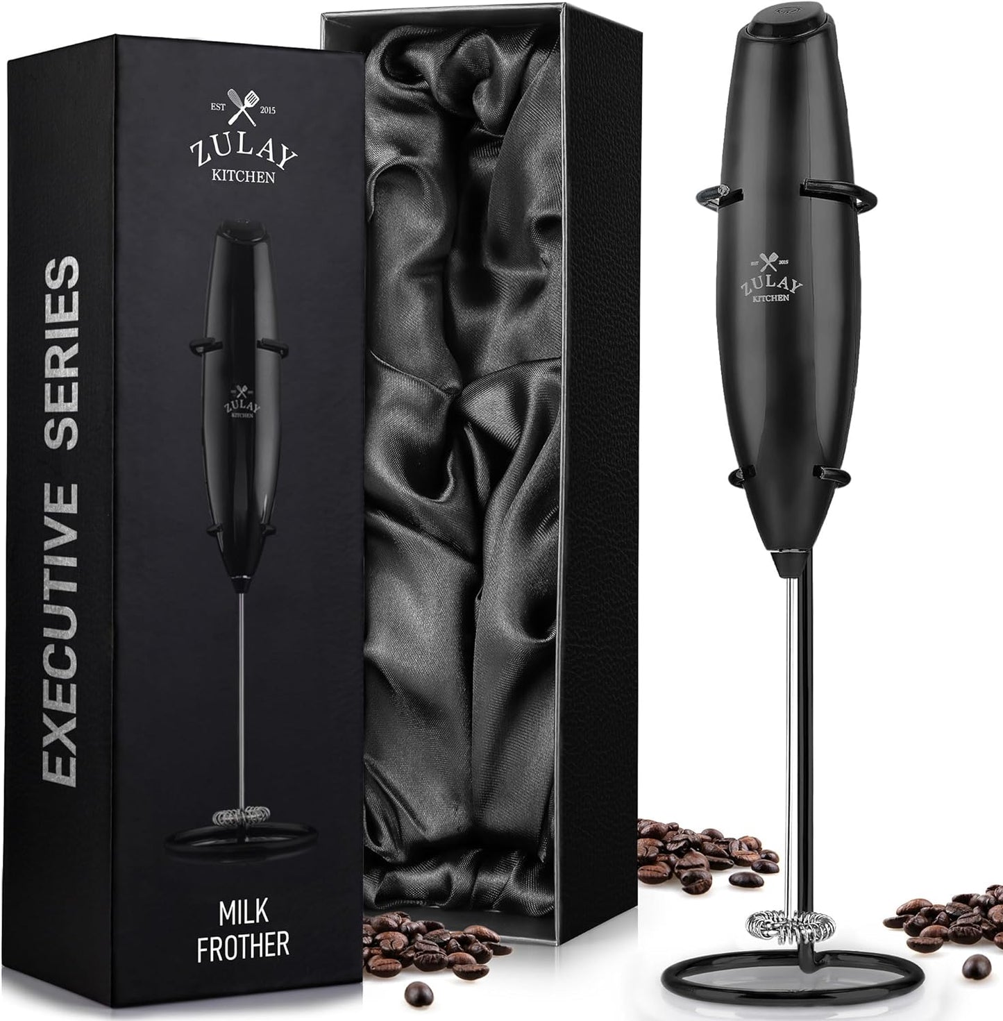 Zulay Executive Series Ultra Premium Gift Milk Frother For Coffee with Deluxe, Radiant Finish - Coffee Frother Handheld Foam Maker - Electric Milk Frother Handheld For Lattes (Black with Sleek Stand)