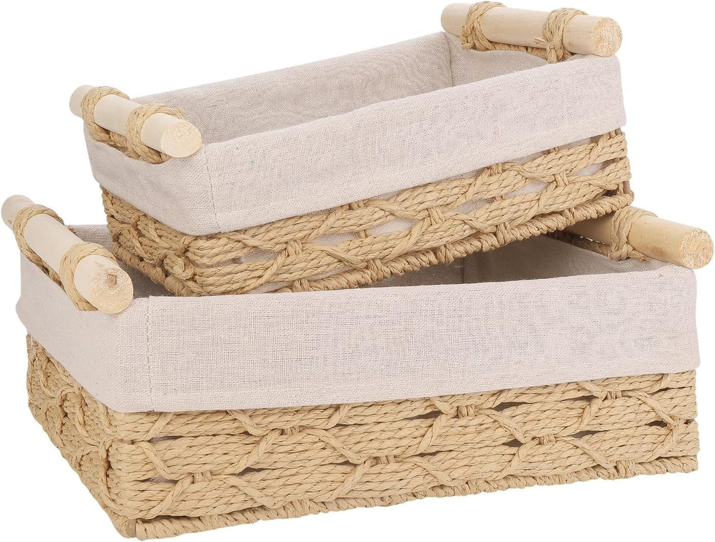 2-Pack Rectangle Woven Home Storage Baskets with Washable Liner, Paper Rope Storage Baskets Straw Rattan Basket for Organizing with Handle, Cosmetic Storage Box (Rectangle)