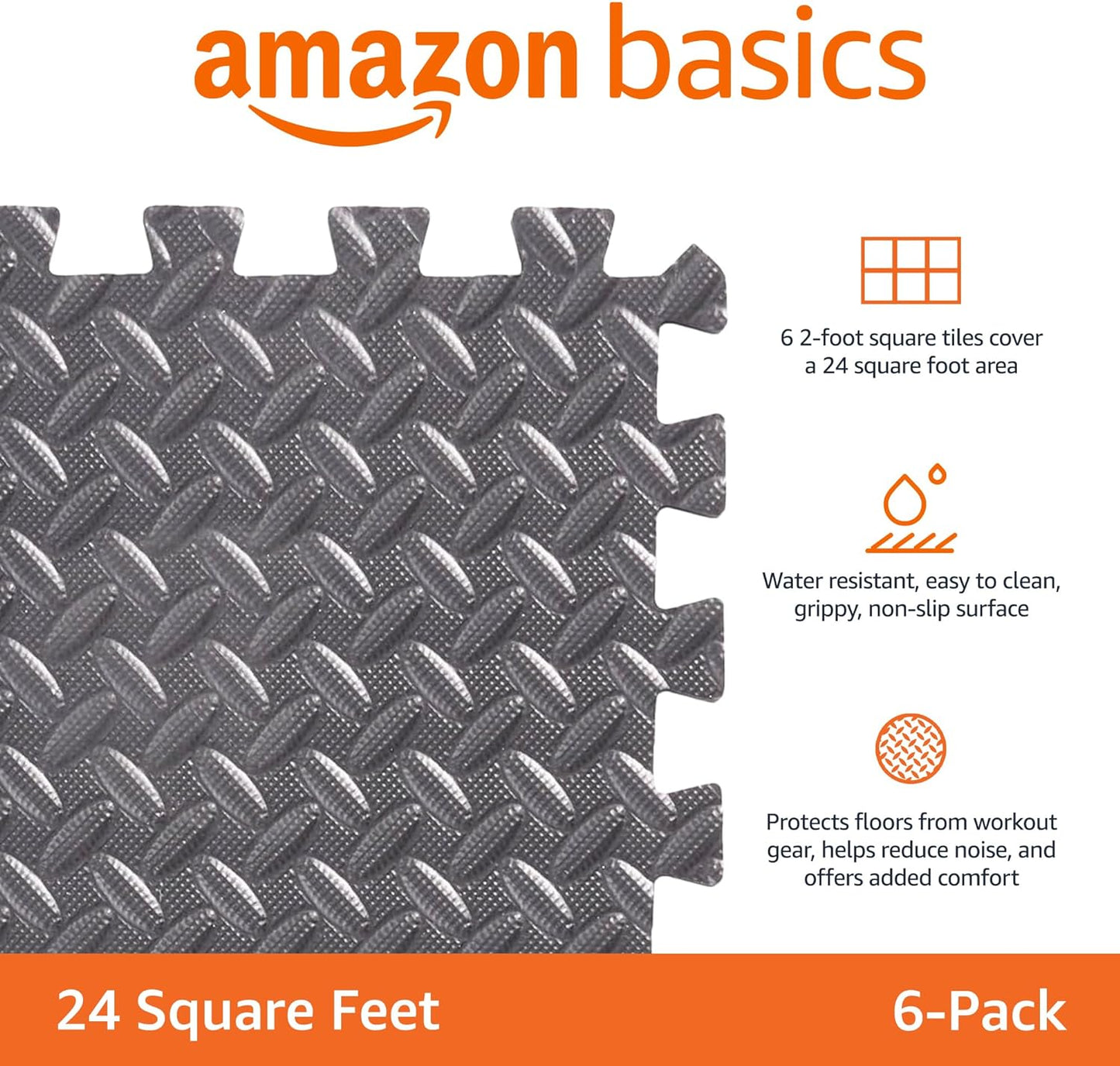 Amazon Basics Foam Interlocking Exercise Gym Floor Mat Tiles - Pack of 6, 24 x 24 x .5 Inches