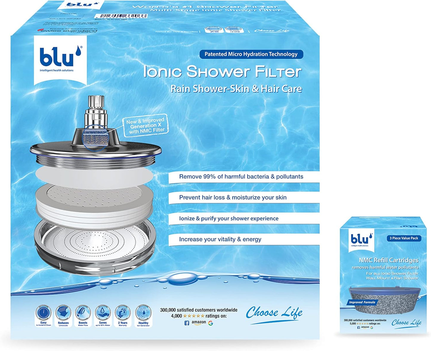 blu Ionic Shower Head & Filter - Annual Bundle - Handheld & 3 Pcs NMC Filters & Spare Parts Set - Removes Chlorine & Harmful Pollutants - Skin & Haircare - Chrome