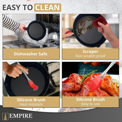 Empire Cast Iron Skillet Set of 3 pcs, Best Heavy-Duty Cast Iron Pan, Pre-Seasoned Non Stick Frying Pans- 11.8”, 10.2” & 7.8” with Silicone Handles, Oil Brush & Scrapper, Black Cast Iron Cookware