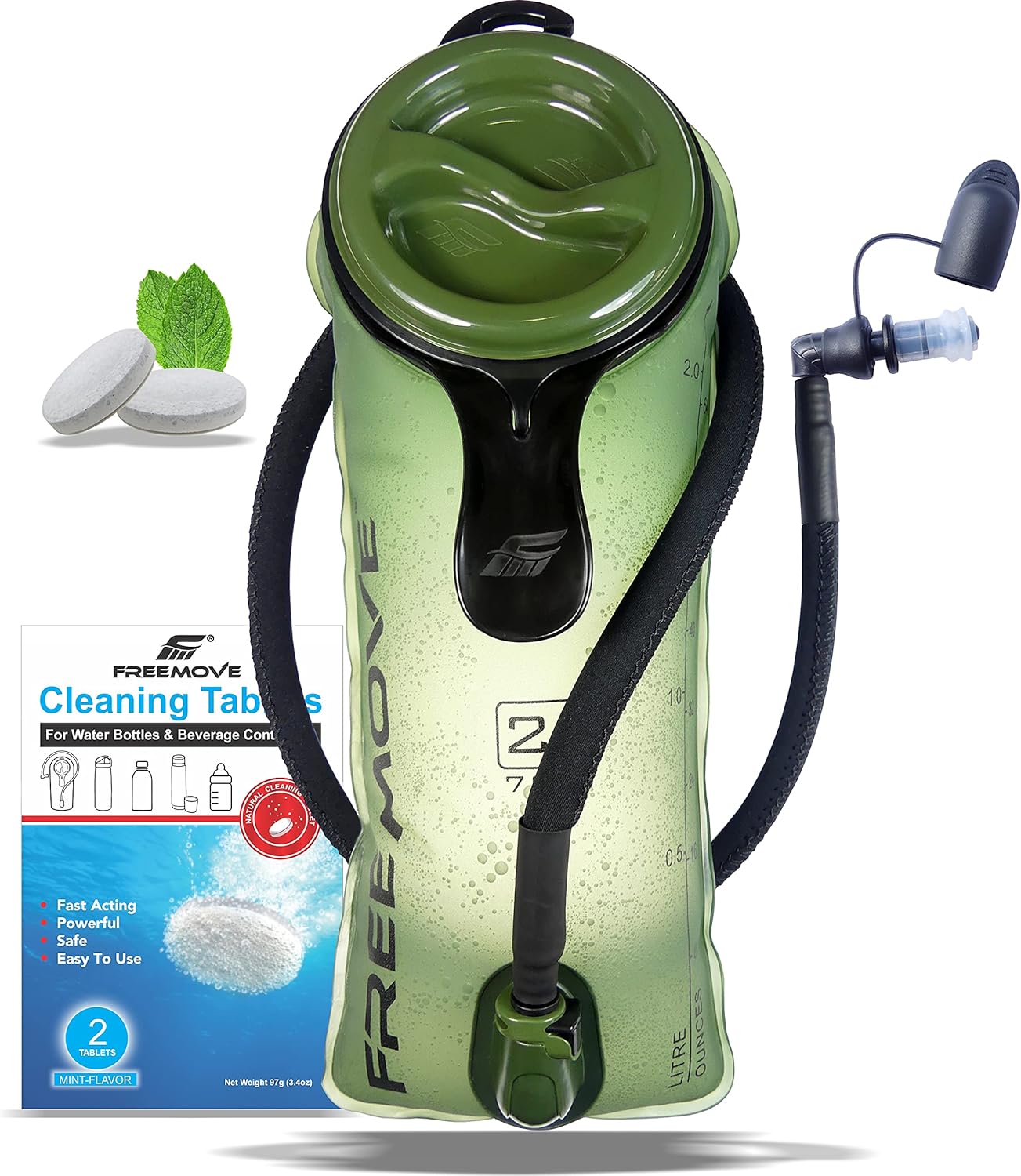 FREEMOVE 2L Hydration Bladder with Cleaning Kit or 3L Water Bladder >Blue or Green< Leak Proof Hydration Pack, Tasteless & BPA Free, TPU Water Reservoir, Quick Release Insulated Tube & Shutoff Valve