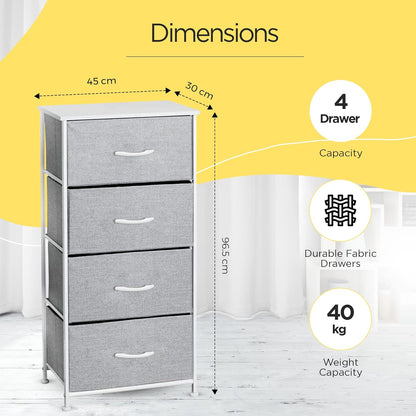 FCG Home - Chest of Drawers, Fabric Storage Organizer Unit for Bedroom Living Room, Steel Frame, Fabric Bins & Wooden Top, Dresser, Side table, night stand (4 Drawer, Grey/White)