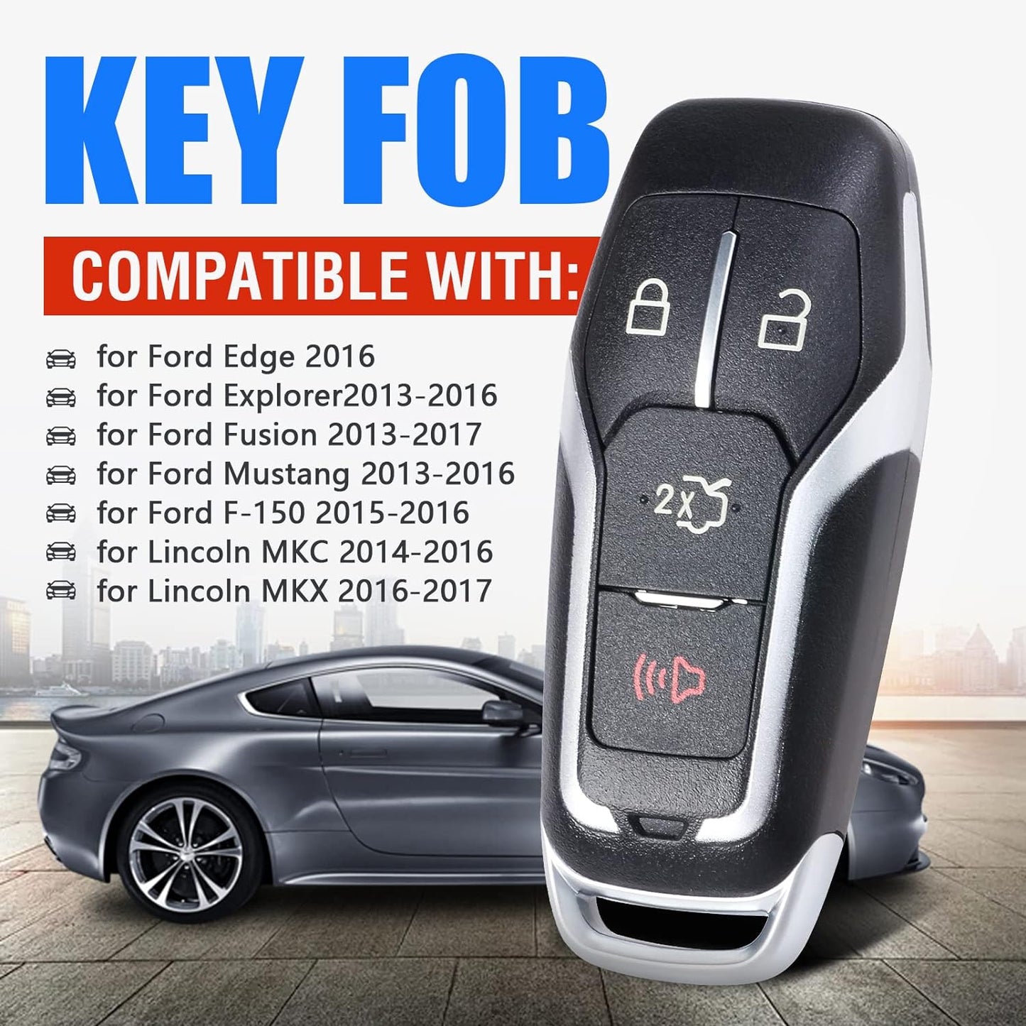 Keymall Remote Key Fob Case Shell Cover for Ford Edge/Explorer/Fusion/Mustang for Lincoln MKC/MKX(FCC ID:M3N-A2C31243300 P/N:164-R8108) 4 Buttons,Just A Key Shell