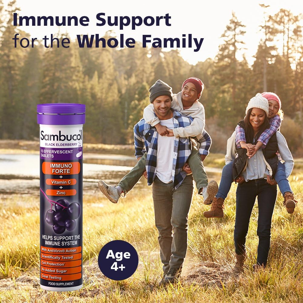 Sambucol Natural Black Elderberry Immuno Forte Effervescent Tablets, Vitamin C, Zinc, Immune System Booster, 15 Tablets