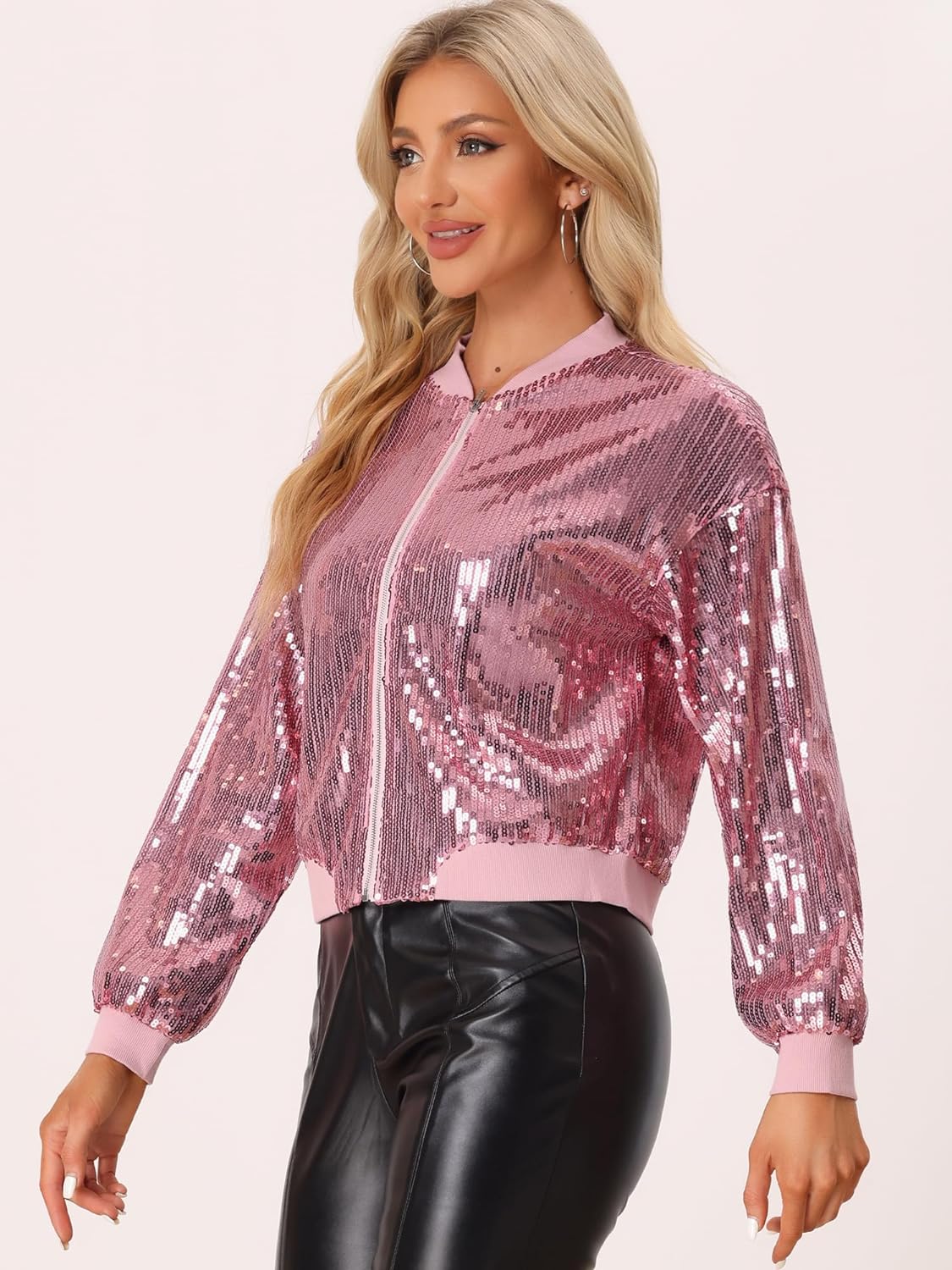 Allegra K Women's Halloween Sequin Sparkle Long Sleeve Zipper Bomber Jacket