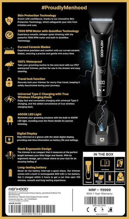 MENHOOD Battery Powered WaterProof Cordless Grooming Trimmer 2.0 for Men, with 4000k LED light & Power Status Display, Wireless Charging Support, Sensitive Skin Technology,150Min Runtime