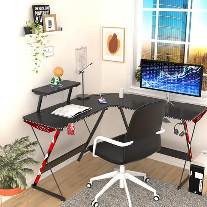 JINQI L-Shaped Computer Table,Gaming Desk With Led Lights & Power Outlets, Computer Desk with Monitor Stand & Carbon Fiber Surface, With Cup Holder Corner Desk, With Earphone Hooks Gaming Table