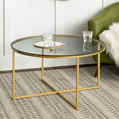 Eden Bridge Designs 91cm Round Mid Century Modern Coffee Table with X-Base for Living Room/Office decoration, Metal, Glass/Gold/Faux Marble