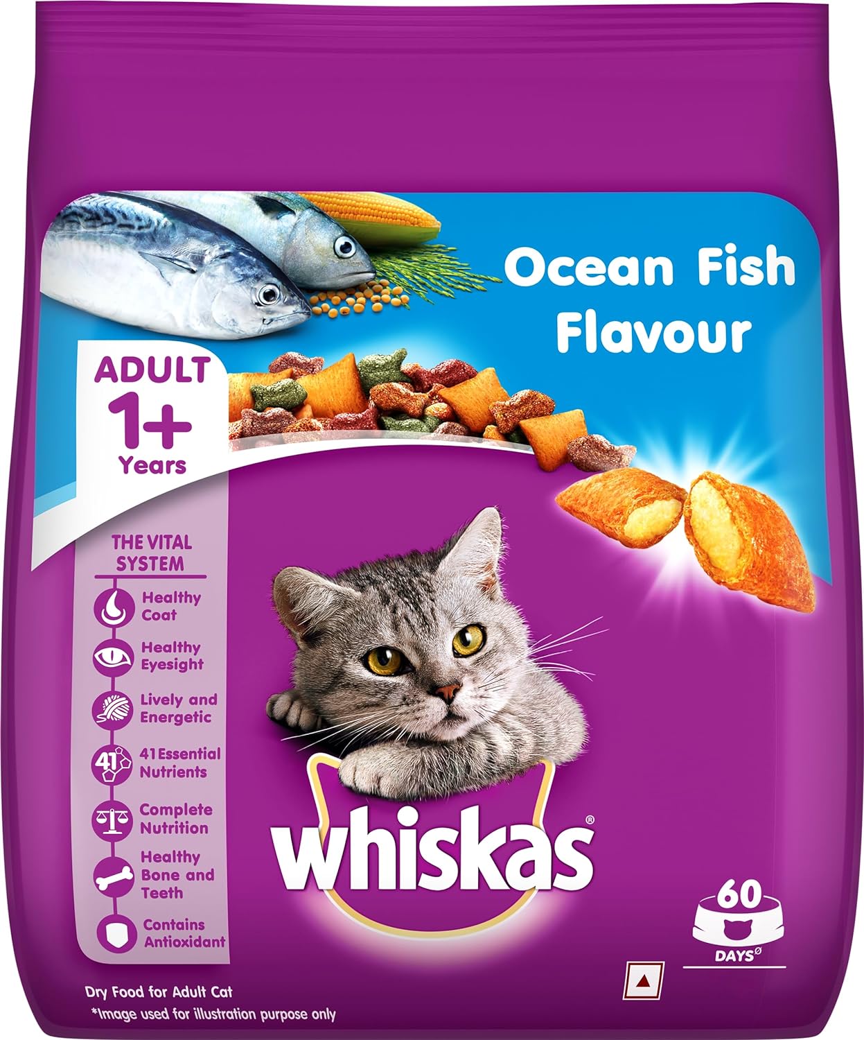 Whiskas Ocean Fish Dry Food, for Adult Cats 1+ Years, Formulated to Help Cats Maintain a Healthy Digestive Tract and Sustain a Healthy Weight, Complete Nutrition & Great Taste, Case of 15x480g