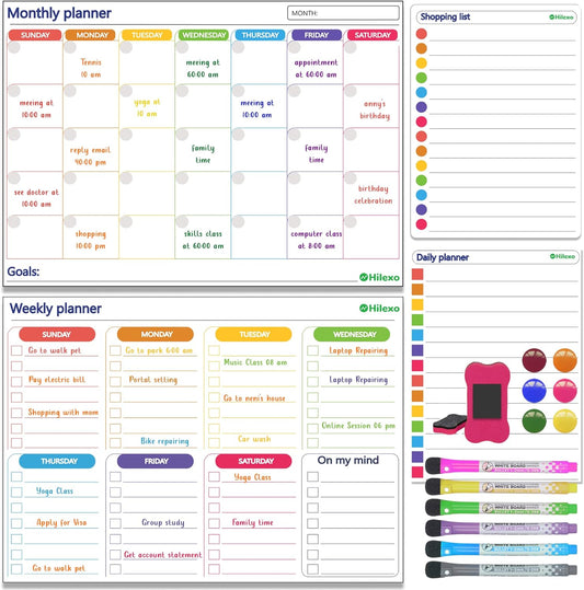 Magnetic Whiteboard Calendar Board Set (4 Pack) – Monthly, Weekly & Daily Kitchen Planner – Dry-erase Magnetic Calendar – Colorful Magnetic Schedule Organizer for Refrigerator with 6 Fine-tip Markers