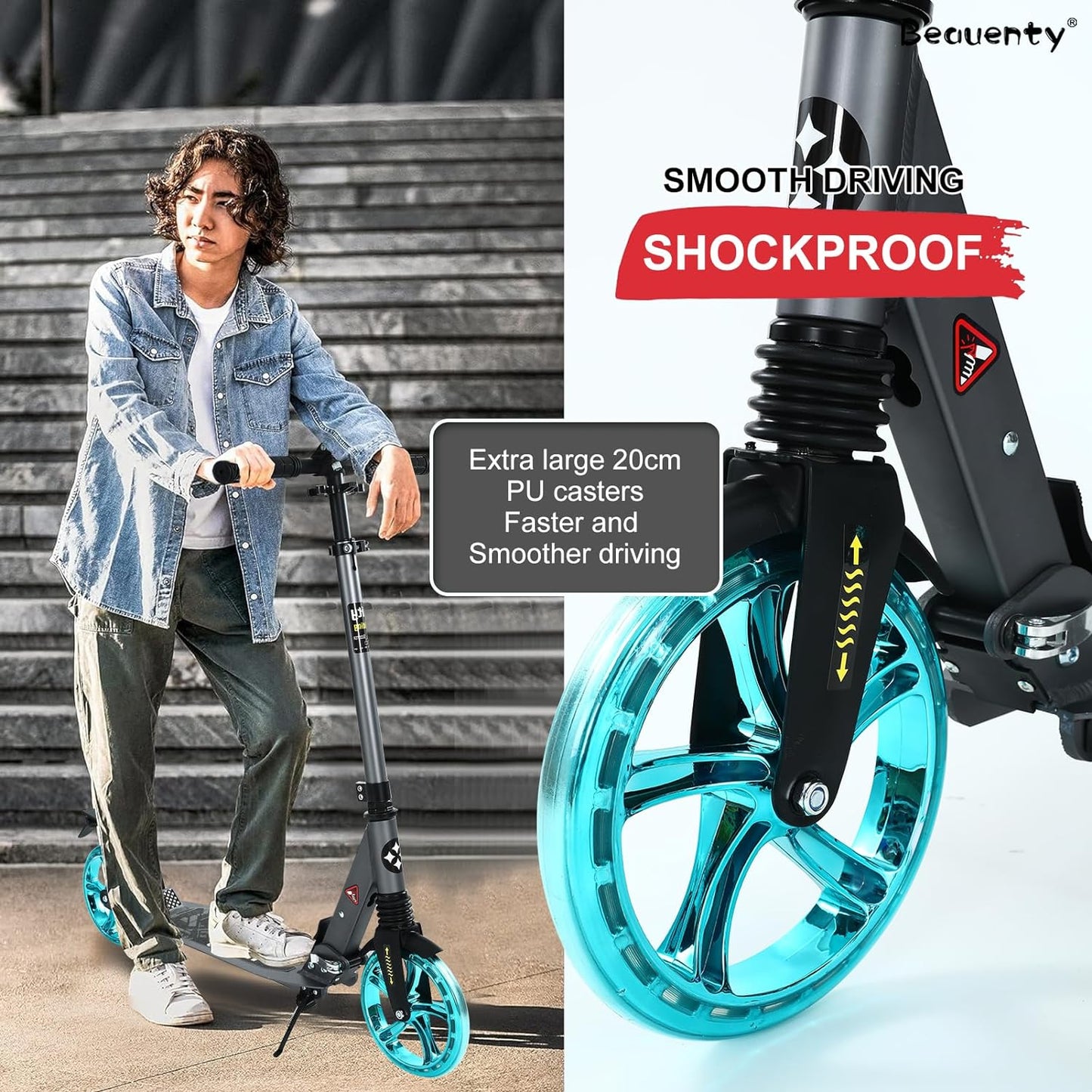 Beauenty 2 Wheels Scooter for Teens, Kick Scooter with Anti-shock Suspension and Adjustable Handlebar for Kids to Adults