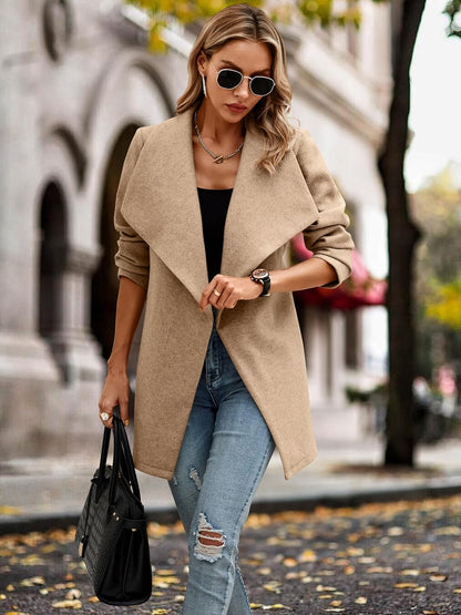 AOVDE Womens Coat Winter Jacket - 2023 Casual Lapel Mid-Long Open Front Pea Coat Wool Blend Overcoat With Belt