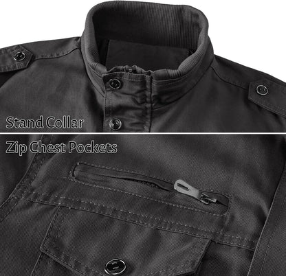 Men's Military Jacket Cargo Casual Coat Lightweight Outwear Cotton Stand Collar Windbreaker