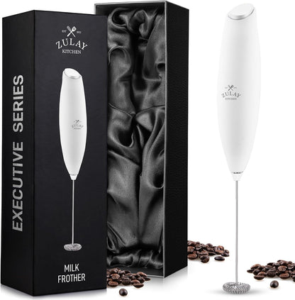 Zulay Executive Series Ultra Premium Gift Milk Frother For Coffee with Deluxe, Radiant Finish - Coffee Frother Handheld Foam Maker - Electric Milk Frother Handheld For Lattes (Black with Sleek Stand)