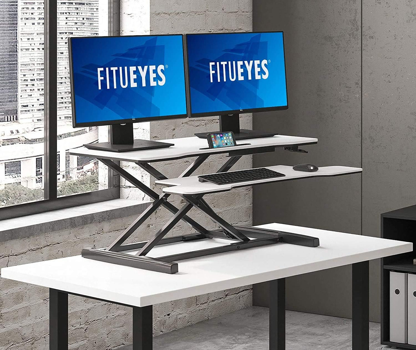 FITUEYES Height Adjustable Standing Desk 36â€ Wide Sit to Stand Converter Stand Up Desk Tabletop Workstation for Laptops Dual Monitor Riser Black SD309101WB