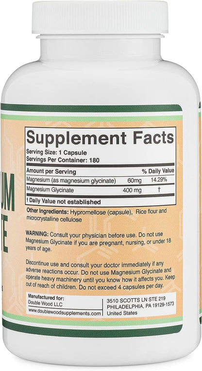 Magnesium Glycinate 400mg, 180 Capsules (Vegan Safe, Manufactured and Third Party Tested in The USA, Gluten Free, Non-GMO) High Absorption Magnesium for Sleep by Double Wood Supplements