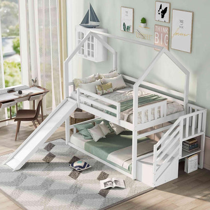 Tulib Twin Over Twin House Floor Bunk Bed, Wooden Low Bedframe with Convertible Slide, Storage Staircase can be Placed Left or Right for Bedroom, Kids and Adults, No Box Spring Need