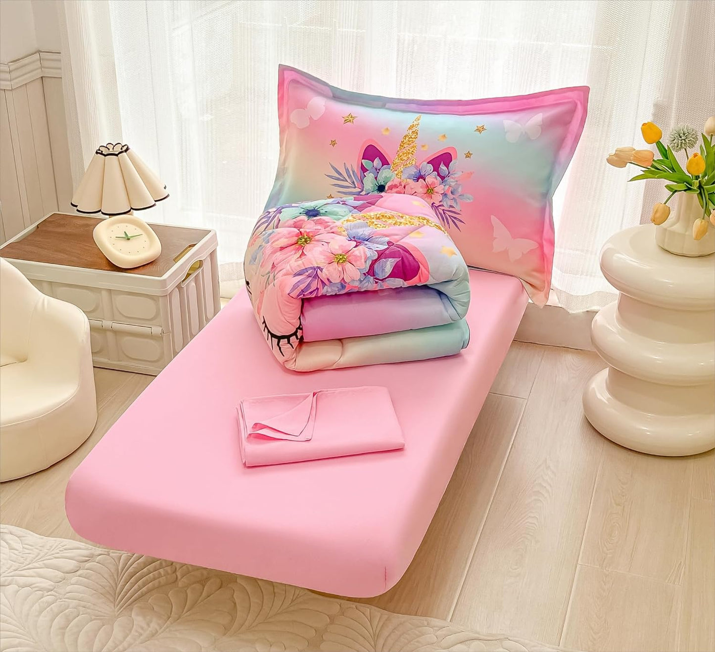 KINBEDY 4 Piece Unicorn Toddler Bedding Sets for Girls Pink Floral Cartoon Bed Sheets Toddler Bed Comforter Set for Baby Girls Bedroom Set | Include Comforter, Flat Sheet, Fitted Sheet, Pillowcase