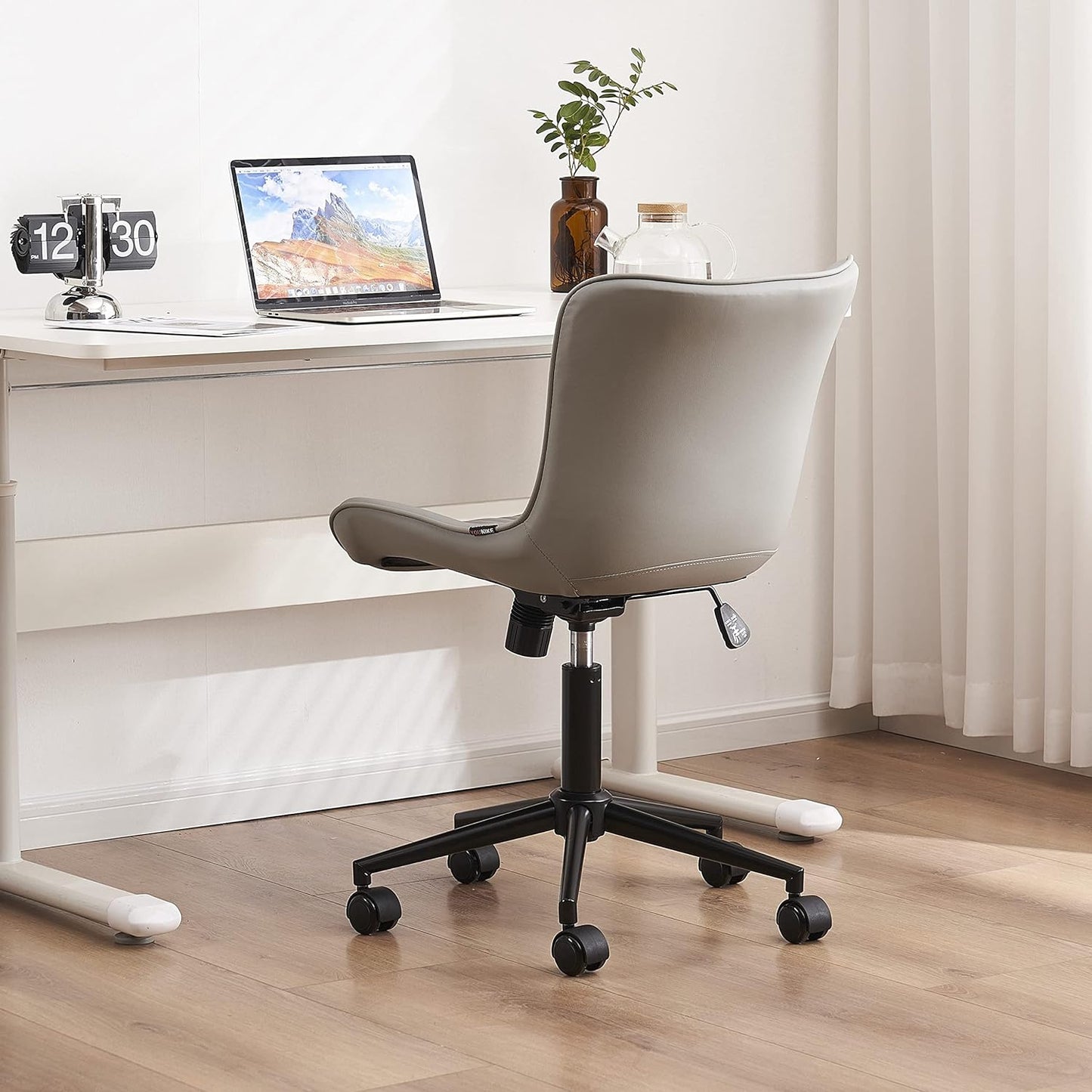 YOUTASTE Ergonomic Office Desk Chair Faux Leather with Wheels Adjustable Home Vanity Chairs Modern Padded Swivel Lounge Chairs Rocking Computer Task Chair with Back Grey