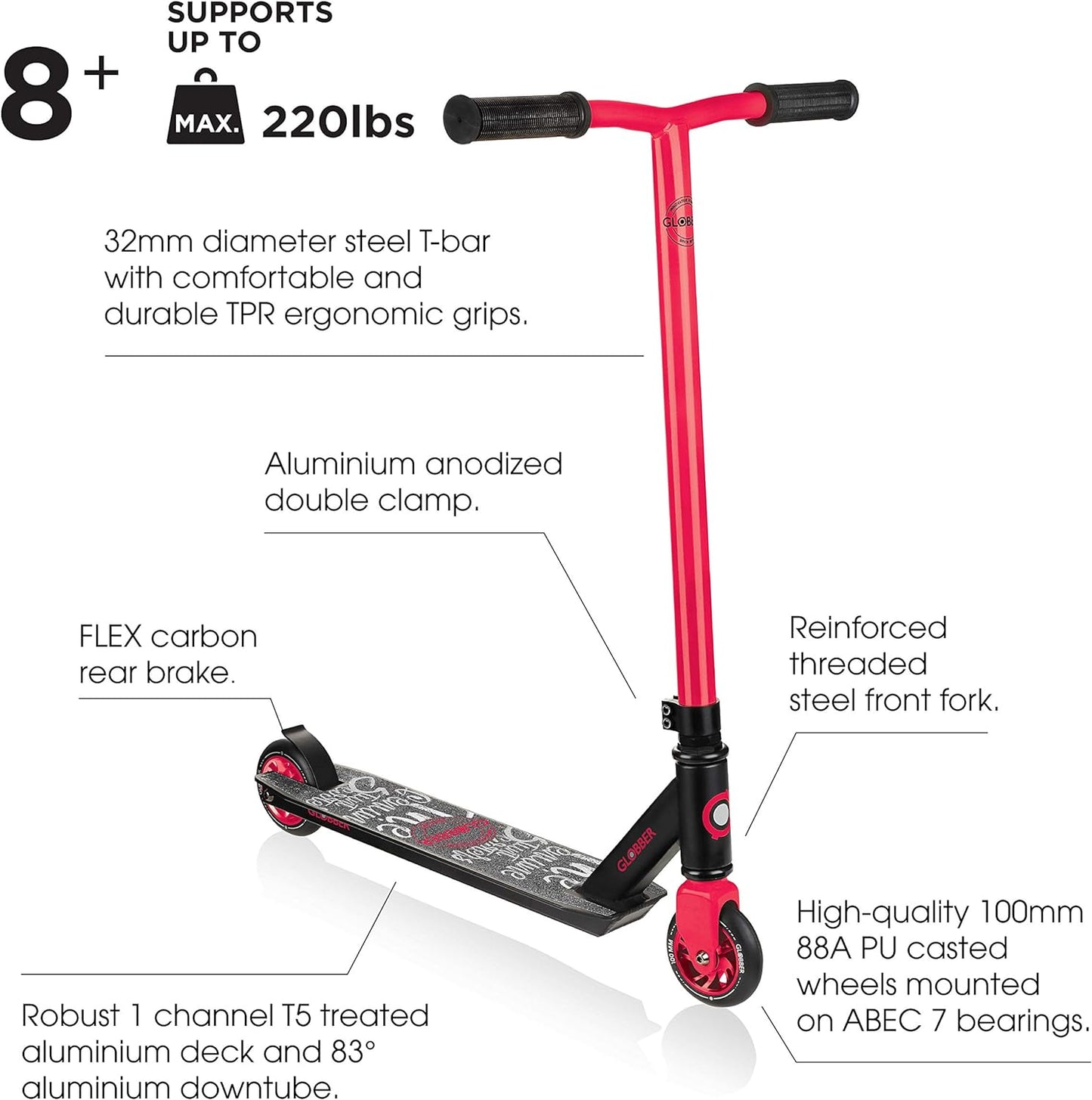 Globber Stunt Scooter GS 360 2-Wheel Stunt Scooter Sturdy Aluminium Deck, Reinforced 83° Aluminium downtube for Teens and Adults