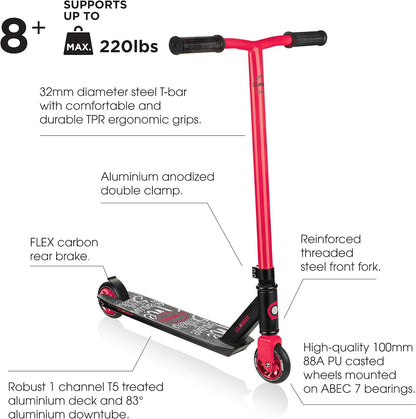 Globber Stunt Scooter GS 360 2-Wheel Stunt Scooter Sturdy Aluminium Deck, Reinforced 83° Aluminium downtube for Teens and Adults