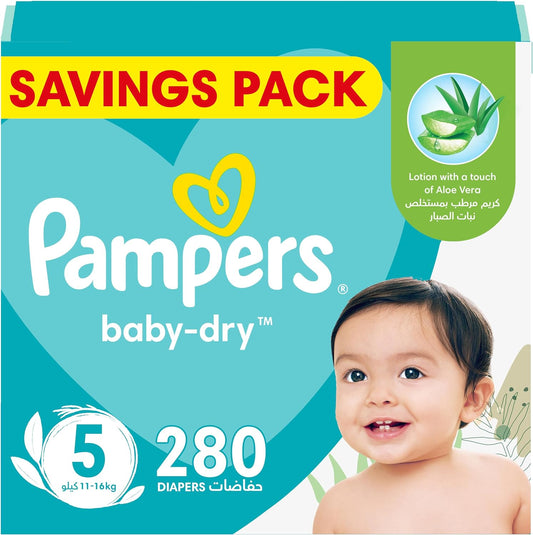 Pampers Baby-Dry Taped Diapers with Aloe Vera Lotion, up to 100% Leakage Protection, Size 5, 11-16kg, 280 Count