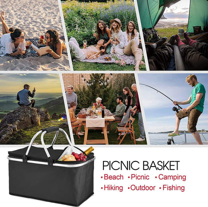 Angju Insulated Large Picnic Basket 35L- Strong Aluminum Frame Waterproof Lining Design for Easy Storage - Take it Camping, Picnicking, Lake Trips or Family Vacations - Keeps Food Cold -DHBlack