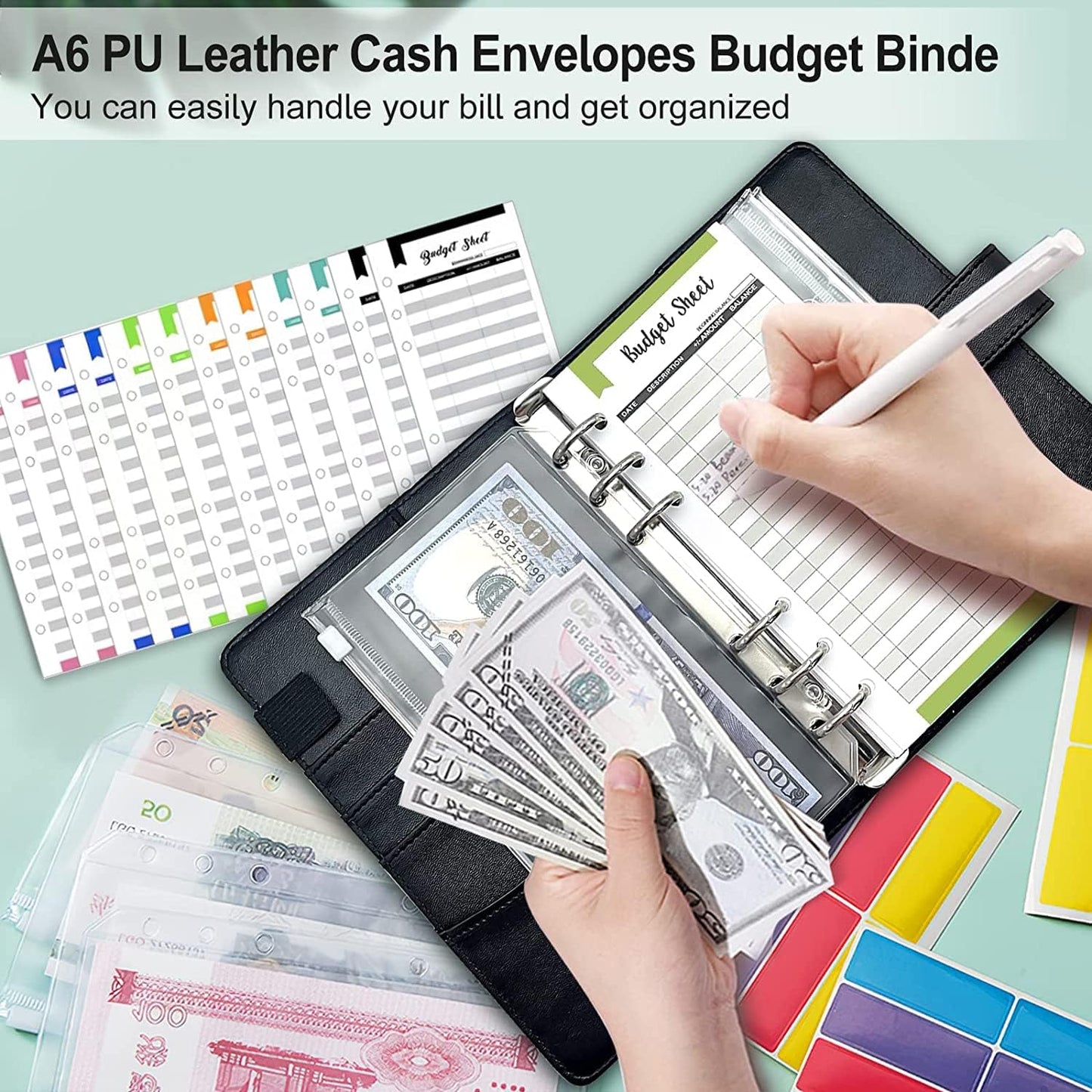 MATHARAGO Budget Binder, Cash Envelopes for Budgeting, Money Organizer for Cash, 12Pcs Budget Binder with Cash Envelopes, Marble 6-Ring Money Saving Binder(Marble-Grey)