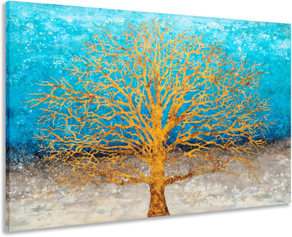 Yihui Arts Abstract Landscape Canvas Art Hand Painted 3D Tree Paintings with Gold Foil for Wall Decor Modern Artwork Pictures Living Room Bedroom Decoration