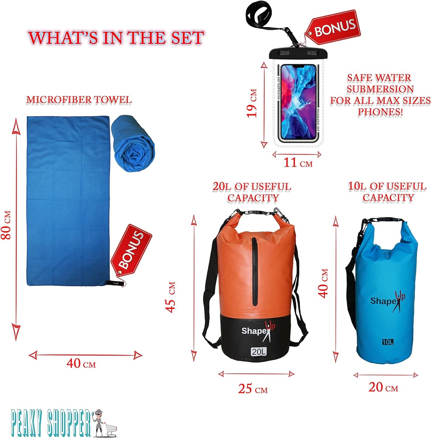 Waterproof Marine Dry Bag Backpack PVC 500 Tarpaulin 20L with pocket & 10L Shoulder Strap Roll Top Floating Dry Sack Boating Swimming with Towel & Phone Case (10, Light Blue, 1)