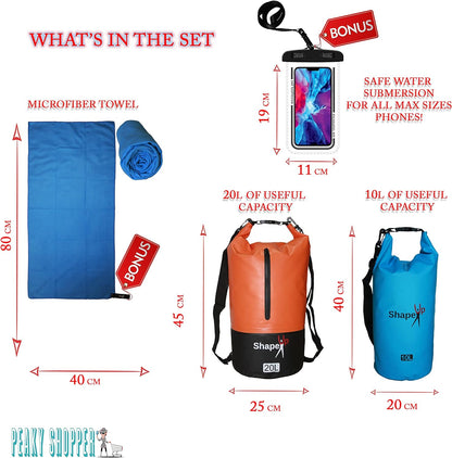 Waterproof Marine Dry Bag Backpack PVC 500 Tarpaulin 20L with pocket & 10L Shoulder Strap Roll Top Floating Dry Sack Boating Swimming with Towel & Phone Case (10, Light Blue, 1)