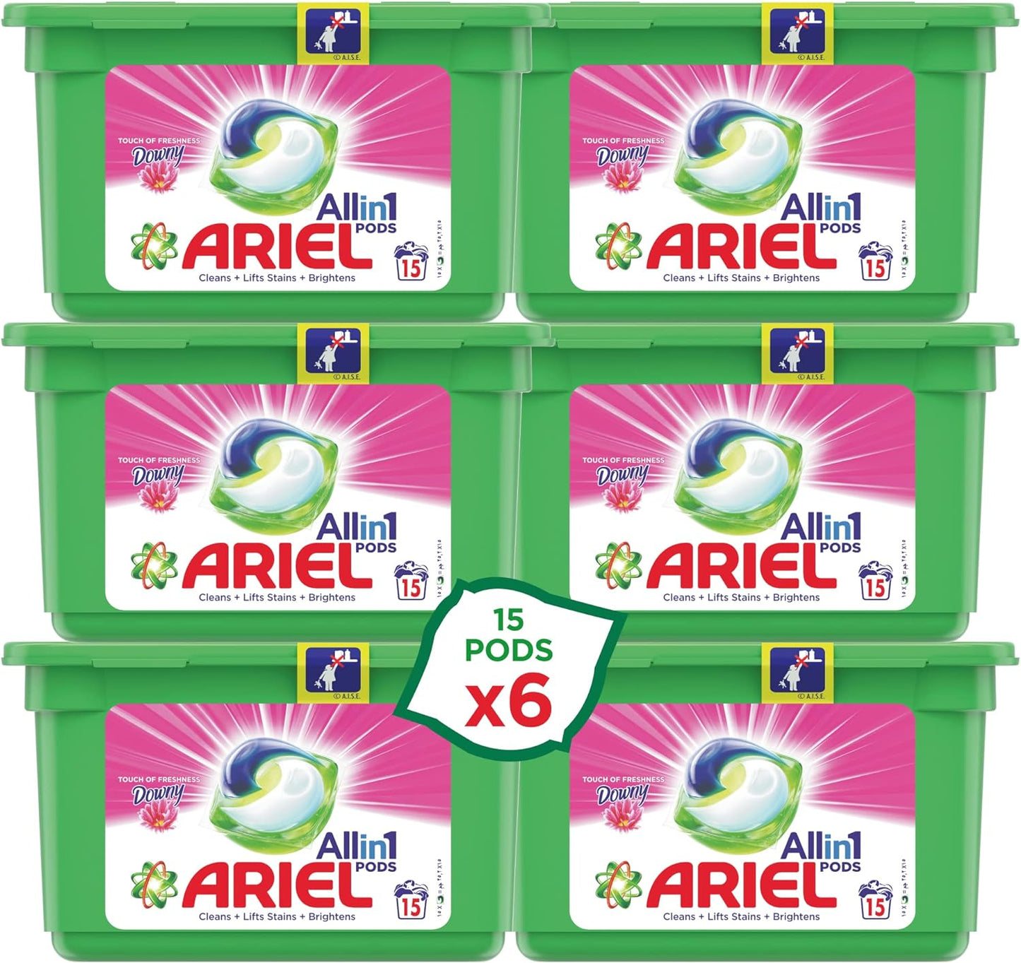 Ariel 3in1 Pods with a Touch of Downy Freshness, Ariel Liquid Detergent Capsules, Powerful Stain Remover Detergent, Pack of 6 x 15 Pods (90 Capsules)