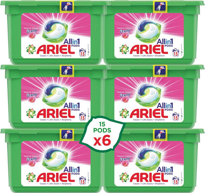 Ariel 3in1 Pods with a Touch of Downy Freshness, Ariel Liquid Detergent Capsules, Powerful Stain Remover Detergent, Pack of 6 x 15 Pods (90 Capsules)