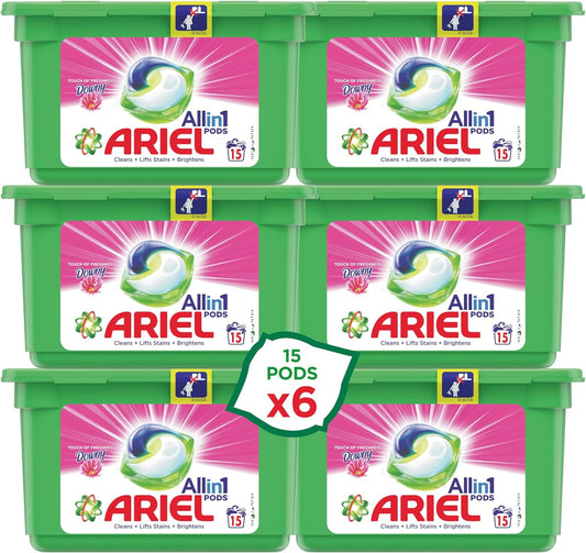 Ariel 3in1 Pods with a Touch of Downy Freshness, Ariel Liquid Detergent Capsules, Powerful Stain Remover Detergent, Pack of 6 x 15 Pods (90 Capsules)