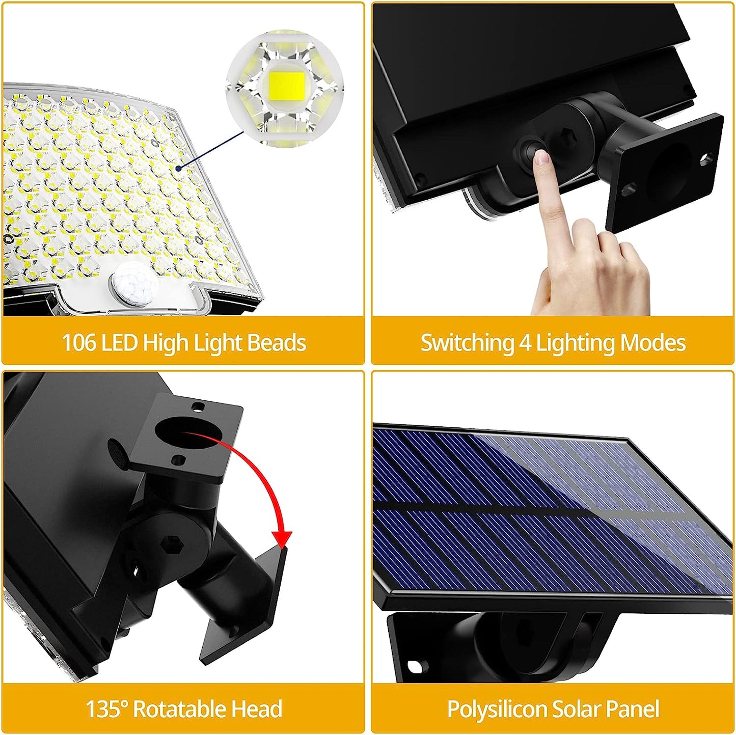 Solar Lights Outdoor, 106 LED 3000LM Solar Powered Motion Sensor Flood Lights with Remote, Dusk to Dawn Led Solar Security Wall Lights with 16.5Ft Cable IP65 Waterproof for Outside, Garage, 2 Pack