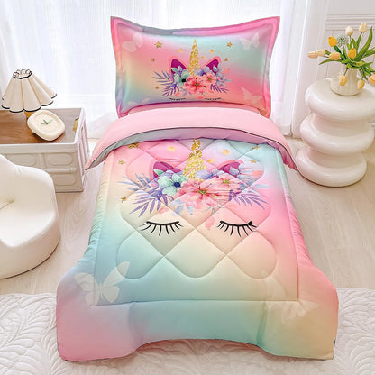 KINBEDY 4 Piece Unicorn Toddler Bedding Sets for Girls Pink Floral Cartoon Bed Sheets Toddler Bed Comforter Set for Baby Girls Bedroom Set | Include Comforter, Flat Sheet, Fitted Sheet, Pillowcase