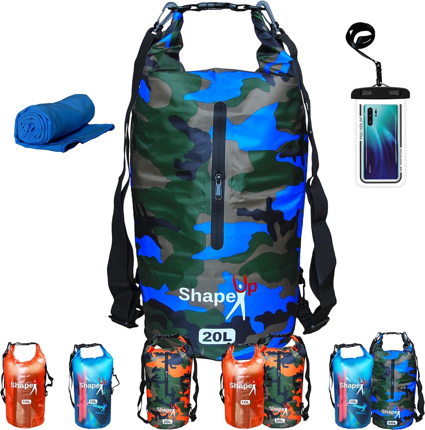 Waterproof Marine Dry Bag Backpack PVC 500 Tarpaulin 20L with pocket & 10L Shoulder Strap Roll Top Floating Dry Sack Boating Swimming with Towel & Phone Case (10, Light Blue, 1)