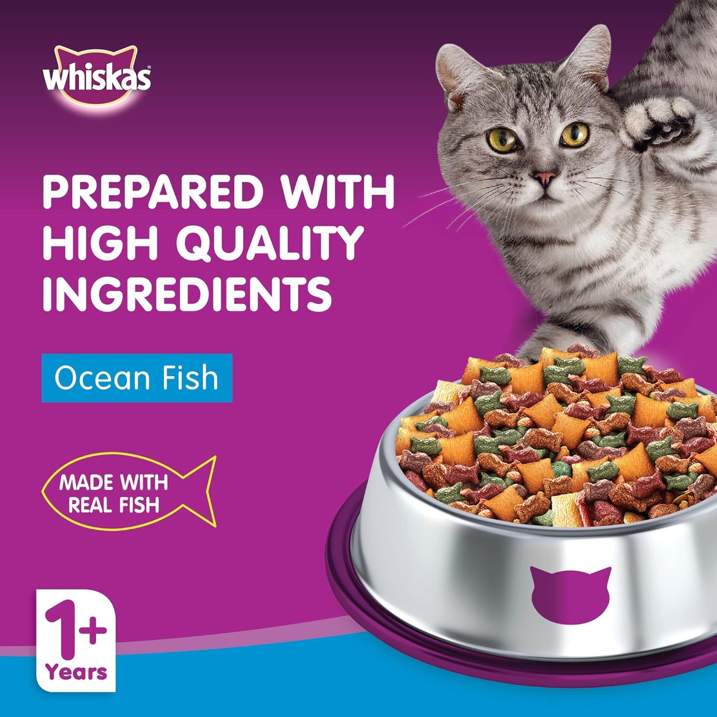 Whiskas Ocean Fish Dry Food, for Adult Cats 1+ Years, Formulated to Help Cats Maintain a Healthy Digestive Tract and Sustain a Healthy Weight, Complete Nutrition & Great Taste, Case of 15x480g