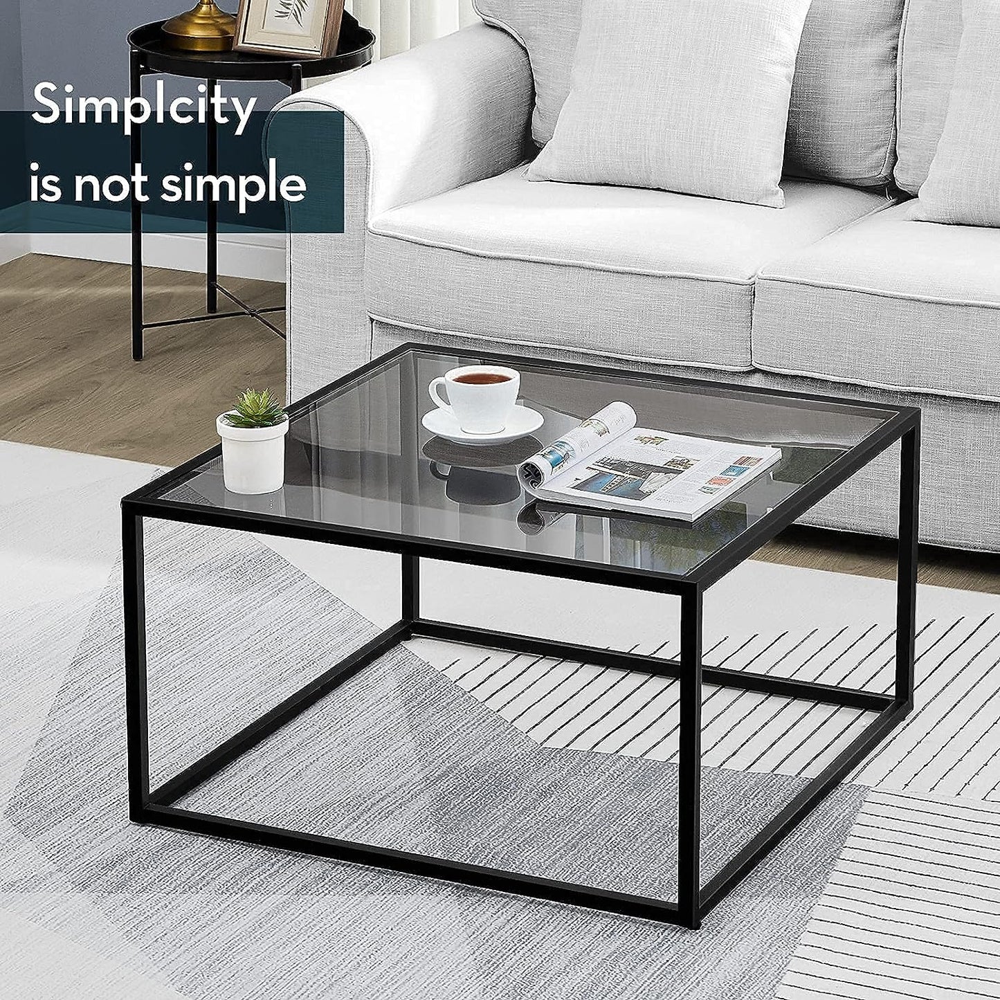 SAYGOER Glass Coffee Table, Small Modern Coffee Table Square Simple Center Tables for Living Room 26.7 x 26.7 x 15.7 Inches, Gray Black