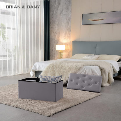 BRIAN & DANY Storage Ottoman Foldable Velvet Footstool Bench with Lid Toy Storage Box, 76 x 38 x 38 cm, Gray