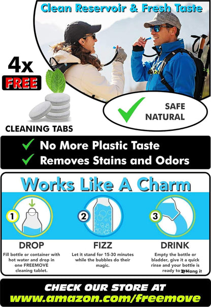 FREEMOVE 2L Hydration Bladder with Cleaning Kit or 3L Water Bladder >Blue or Green< Leak Proof Hydration Pack, Tasteless & BPA Free, TPU Water Reservoir, Quick Release Insulated Tube & Shutoff Valve