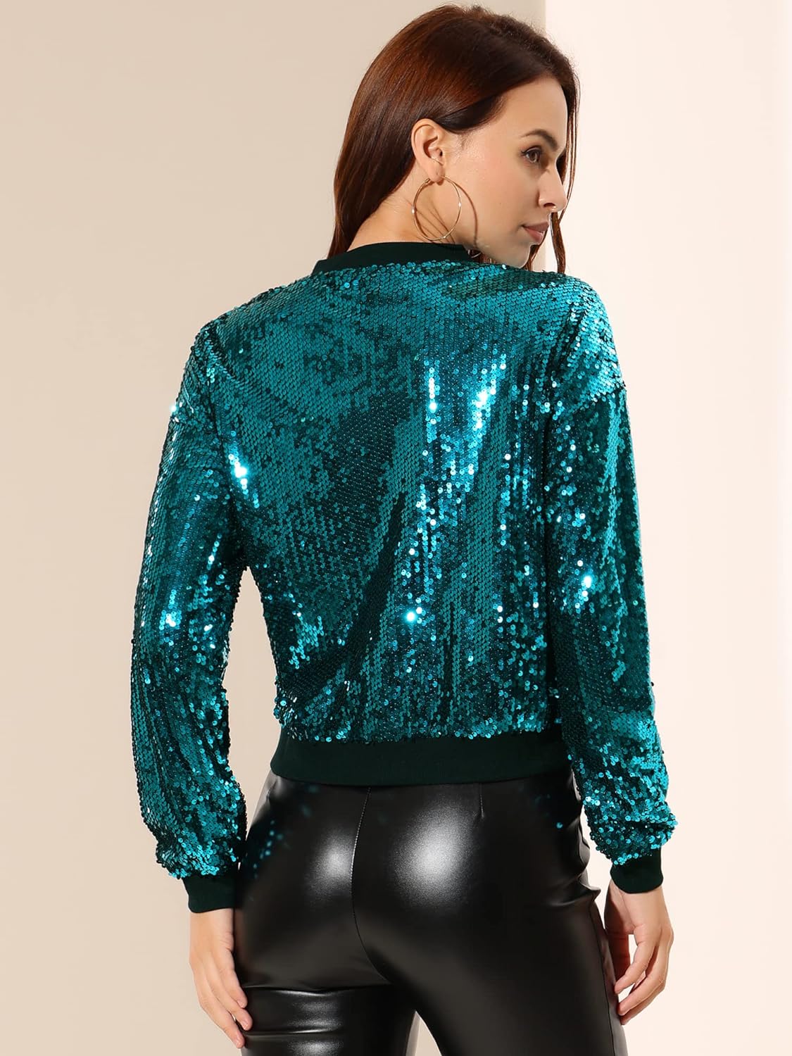 Allegra K Women's Halloween Sequin Sparkle Long Sleeve Zipper Bomber Jacket