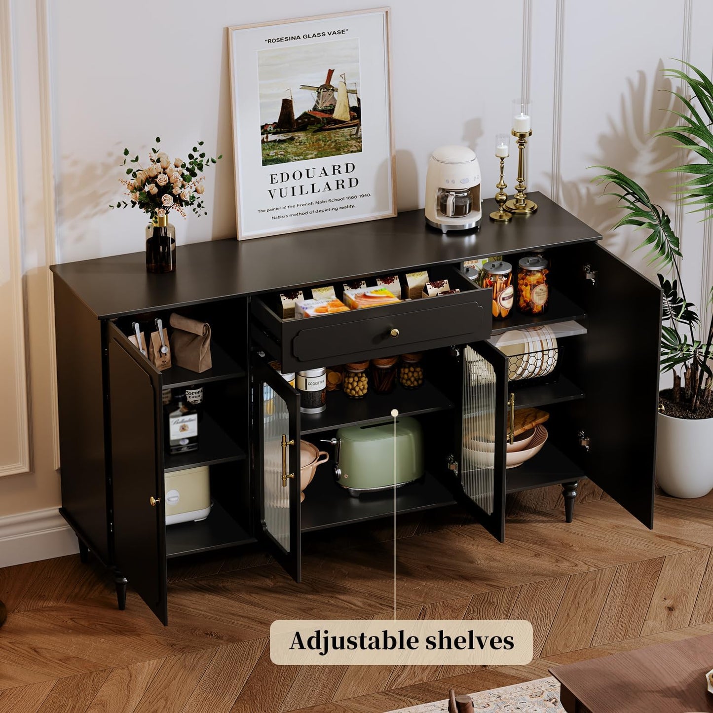 Sideboard Buffet Cabinet,Coffee Bar Cabinet with 4-Doors 1 Drawer,Accent Kitchen Storage Cabinet Console Table with Adjustable Shelves,Kitchen Cupboard for Living Room, Dining Room, Bedroom,Hallway