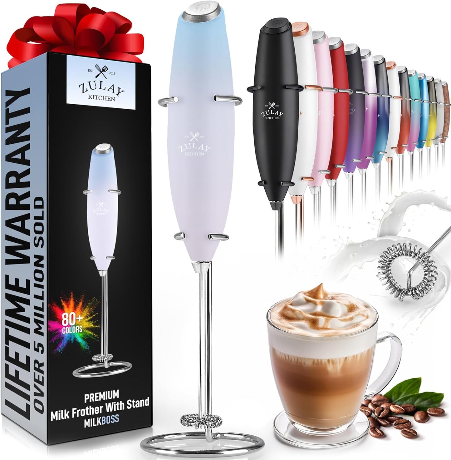 Zulay Executive Series Ultra Premium Gift Milk Frother For Coffee with Deluxe, Radiant Finish - Coffee Frother Handheld Foam Maker - Electric Milk Frother Handheld For Lattes (Black with Sleek Stand)